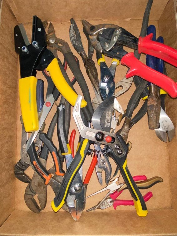 Pliers, channel locks and tin snips