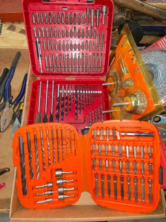 Black & Decker bit set w/ nut driver heads, drill bits and Black & Decker wire brush wheel and Craftsman tool storage organizer