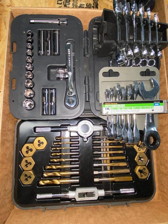 Pittsburgh 7-piece stubby ratchet combo wrench set and Pittsburgh small wrench set w/ Mibro tap and die set