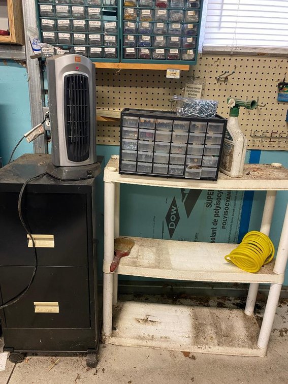Storage organizers, 2-drawer filing cabinets, heater, electrical connectors, nuts, bolts, screws and 20 straight link coil chain hooks