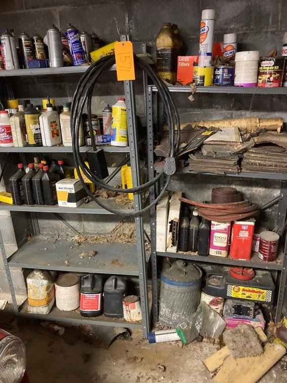Lot of 2 shelves of shop items:  Oil, sandpaper, paint