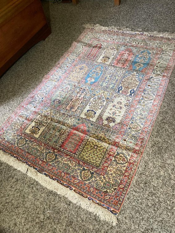 Silk Muslim prayer rug, intricate design, not "modern"