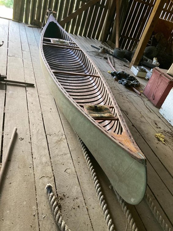 Old Town canvas and cedar and spruce canoe, 1955