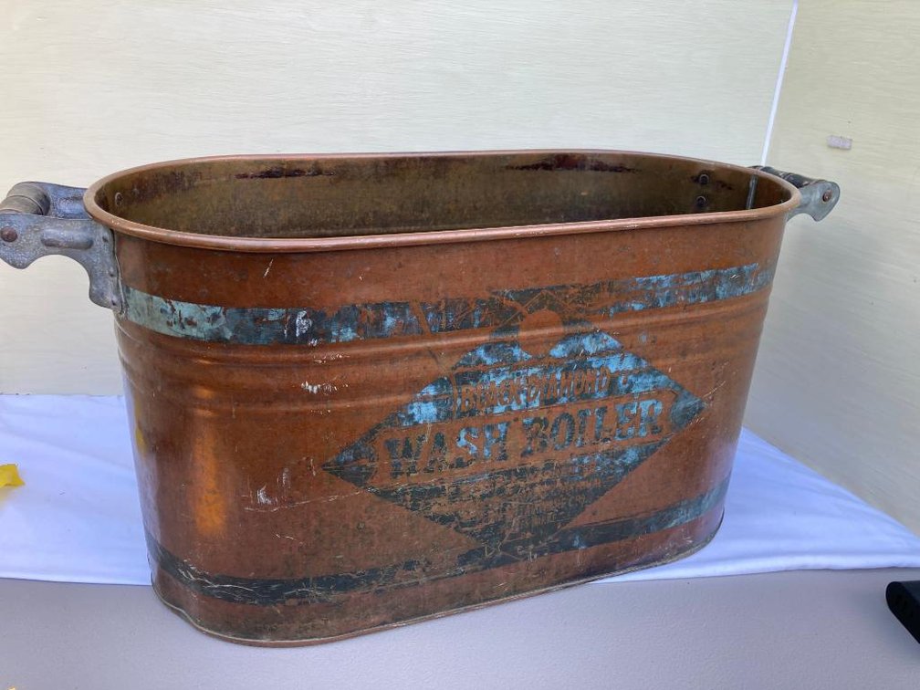 Copper boiler w/ "Wash Boiler" stenciled on the side