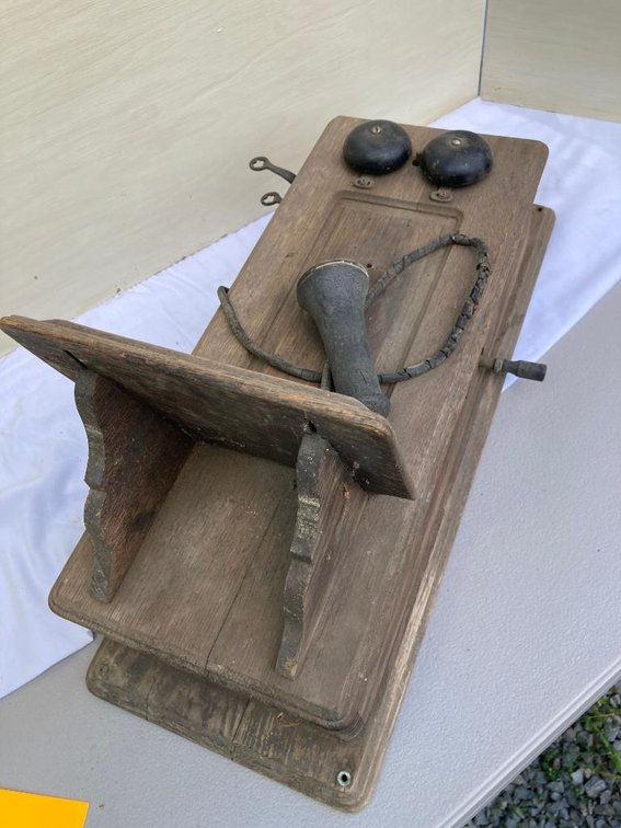 Antique wood wall phone as found