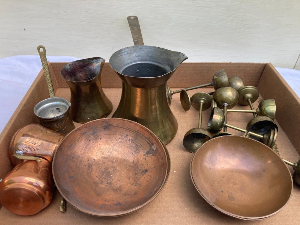 Lot of copper bowls, goblets, and Turkish coffee pots