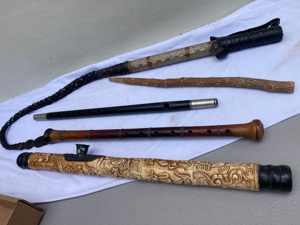 Whip, Thai decorative pipe, antique early American wood fife, Asian (?) flute