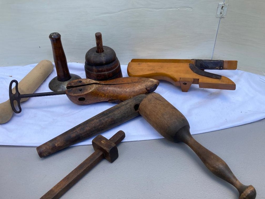 Primitive wood items:  Butter mold, masher, shoe form, etc.