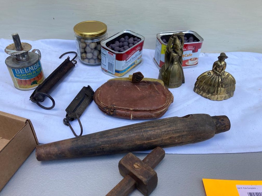 Lot of primitives:  Barrel bung, scales, brass figurine bells, clay marbles, etc.