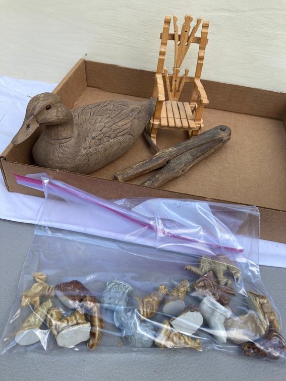 Lot of Wade animal figurines, US-made wood duck, clothespin chair, primitive wooden drawing compass