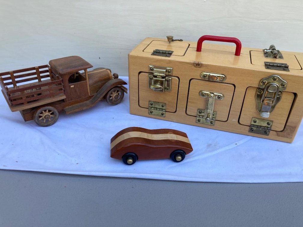 Wood kid's toys:  Truck, car and TAG child's latch and lock box