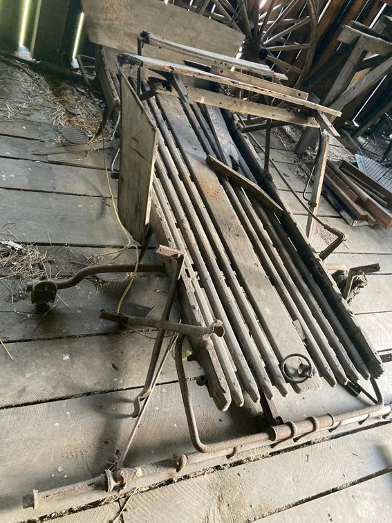 Antique buckboard wagon body and 4 wooden spoked wheels