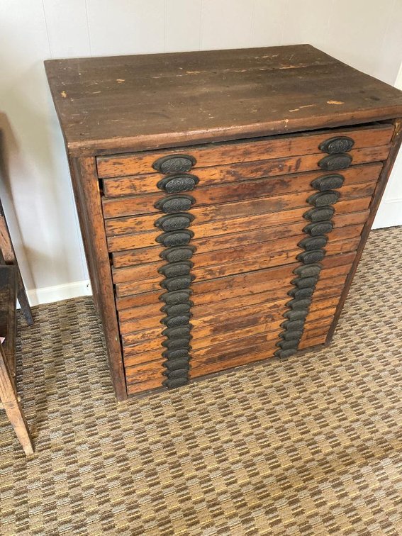 Antique printer's cabinet, 17 type drawers