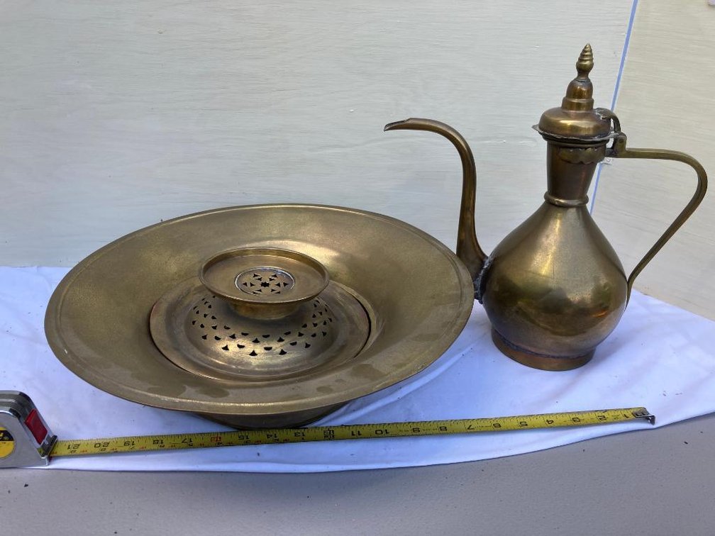 Antique Ottoman Empire brass pitcher and hand-washing basin set