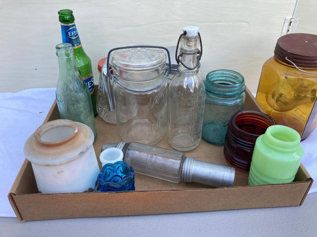 Lot of vintage kitchen glass:  Jadeite shaker, vintage light bulbs