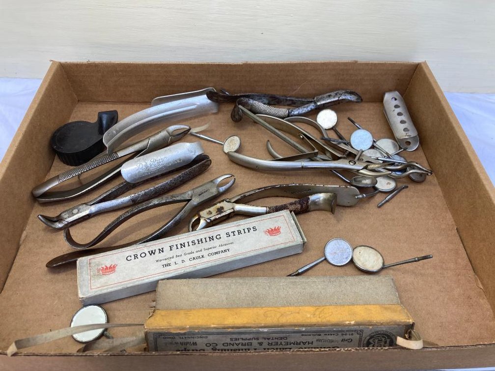 Lot of vintage dental items:  Mirrors, finishing crown strips, pliers, etc.