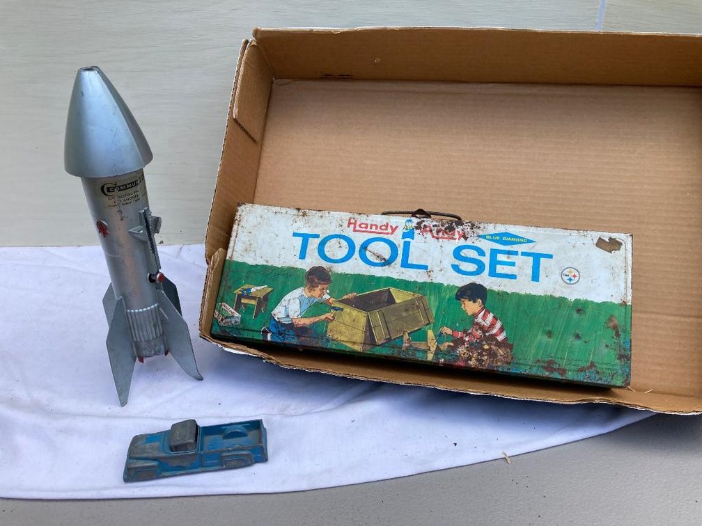 Toys:  Handy tool set metal box, Rocket to the Moon bank, Tootsie Toy truck