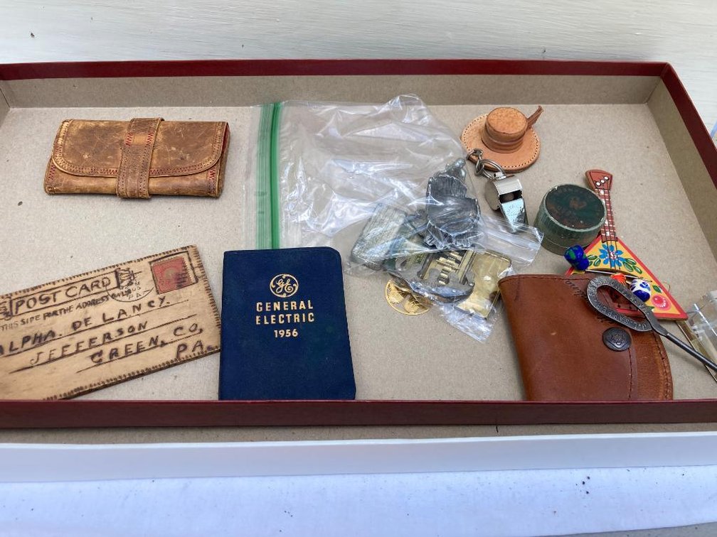 Misc. lot of wooden postcard, GE book 1956, shoe hook, wallet from Dr. M.E. Byrd from Montrose, WV, etc.