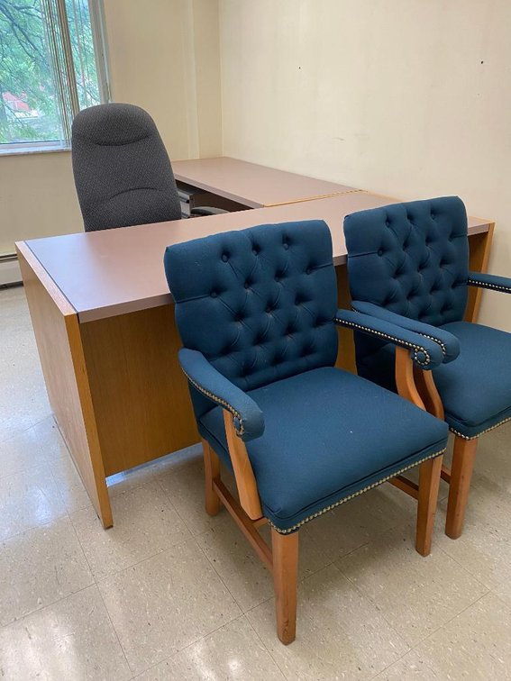 2 Desks, 1 Office Chair, and 2 Regular Chairs