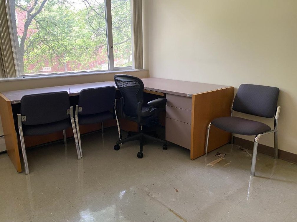 2 Desks, 1 Office Chair, and 3 Regular Chairs