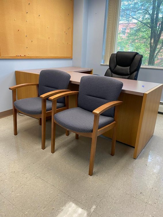 2 Desks, 1 Office Chair, and 2 Regular Chairs (Pin Board Not Included)
