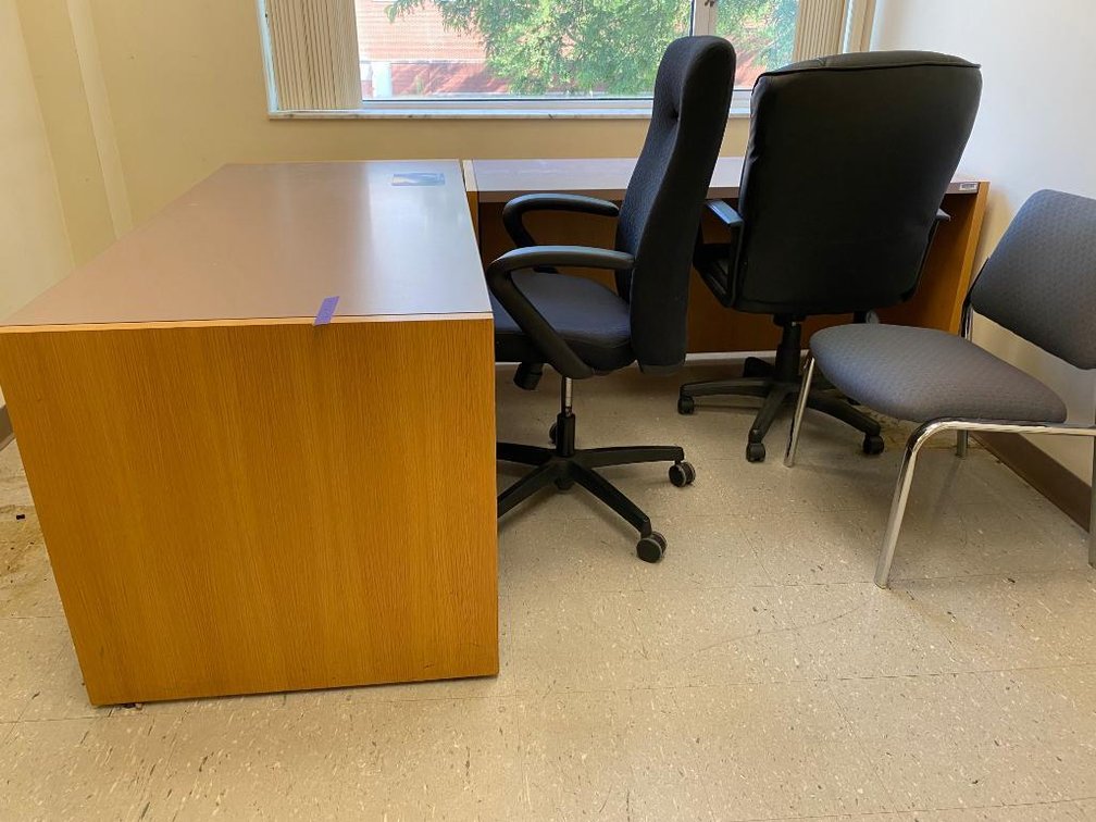 2 Desks, 2 Office Chairs, and 1 Regular Chair