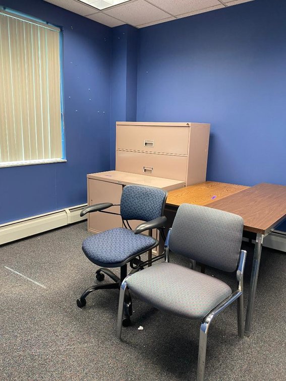 4-Drawer Metal Filing Cabinet (Sliding Top), 2 Desks, and 2 Chairs