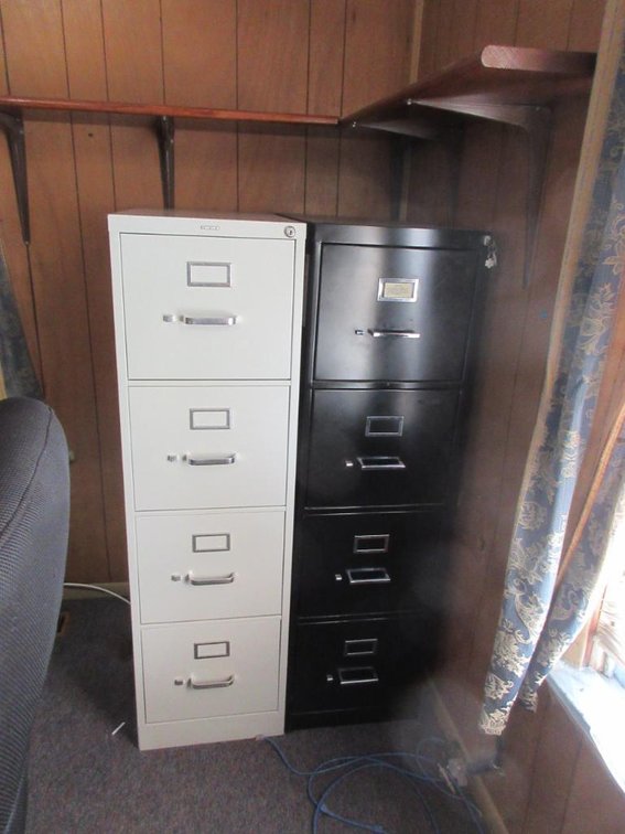 Two 4-drawer filing cabinets and 2 shelves