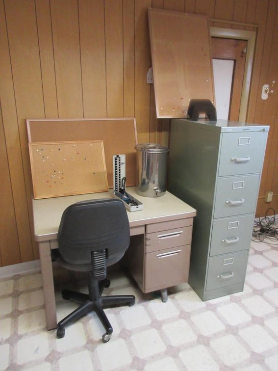 Office desk, chair, file cabinet, trash can