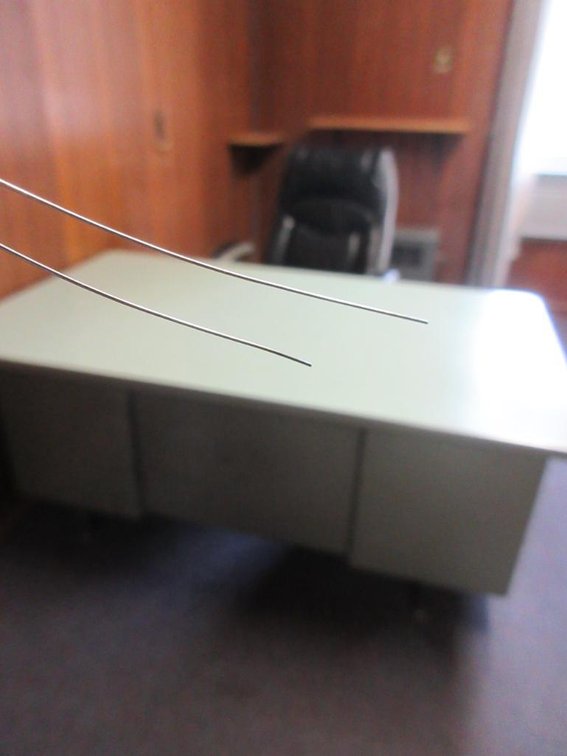 Metal office desk, chair, 2 shelves