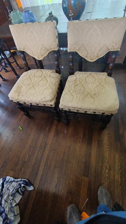 Pair of vintage wood and upholstery chairs