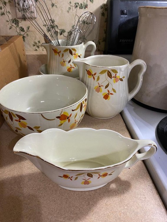 Jewel Tea Autumn leaf:  2 Pitchers, 2 bowls and a gravy bowl