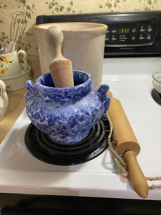 No. 2 stoneware crock w/ hairline and a blue stoneware vase