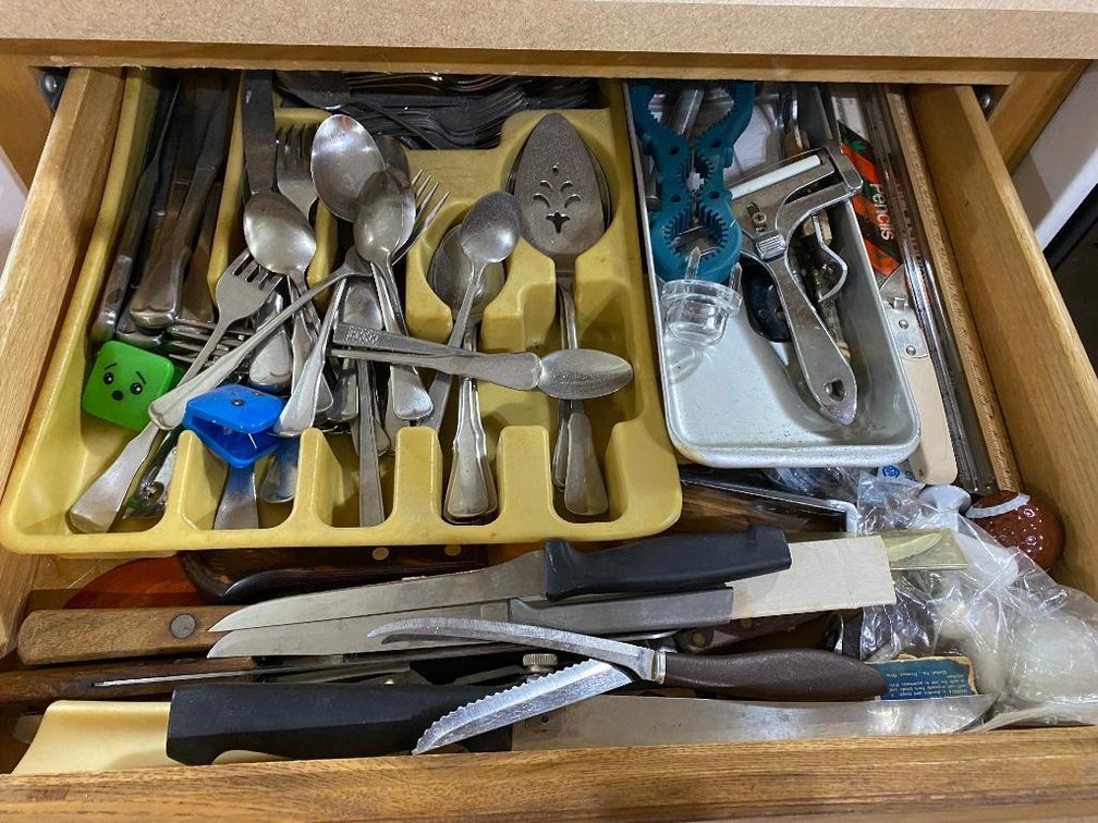 Contents of silverware drawer, cabinet w/ baking goods and cabinet w/ glassware