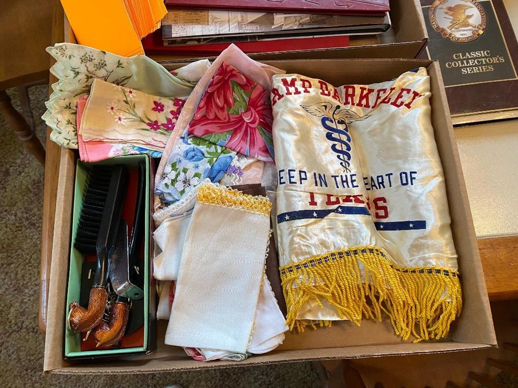 Lot w/ ladies' hankies, Camp Barkley Texas shawl, etc.