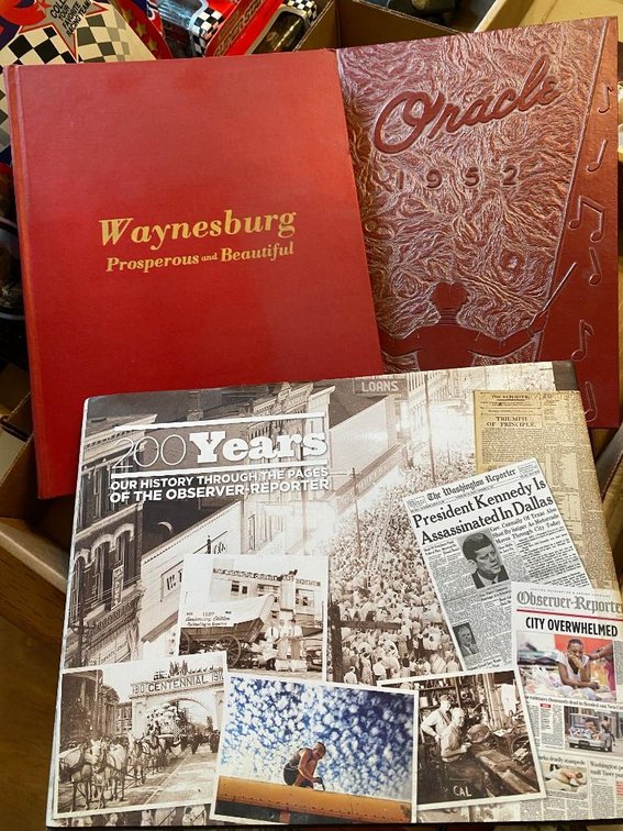 Waynesburg memorabilia and Oracle 1952 Yearbook, 200 Years History of the Observer Reporter and a Waynesburg book