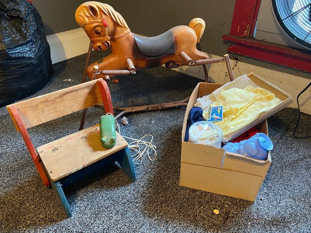 Vintage hobby horse, child's seat and clothing