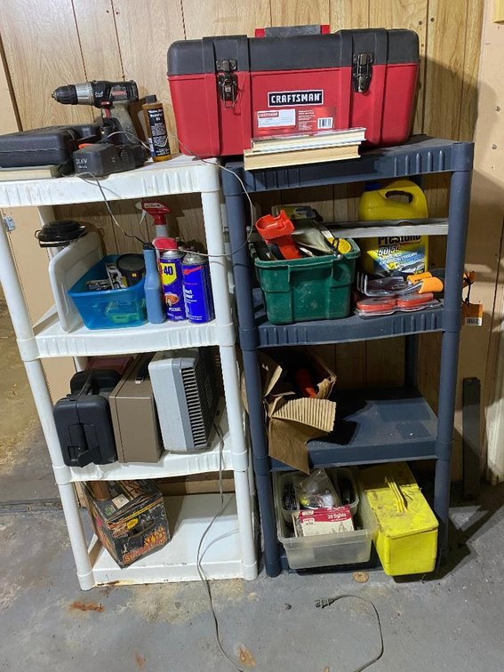 2 Plastic shelves and contents:  Craftsman tool box, tools, fluids, etc.