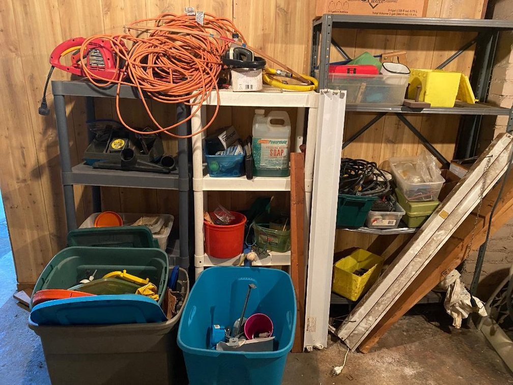 2 Plastic and a metal shelf w/ garage items:  Tools, extension cords, hardware, accessories
