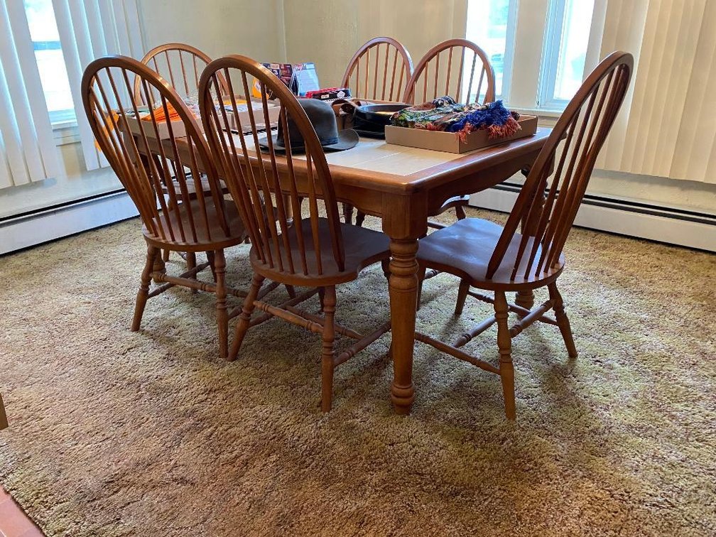 Wood table w/ tile inserts and 6 chairs