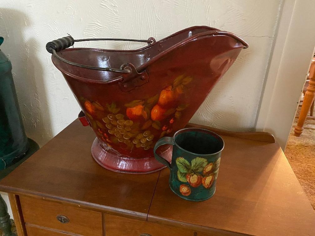 Red Coal Bucket painted by Elaine Puglia and Mug painted by Belle Heft