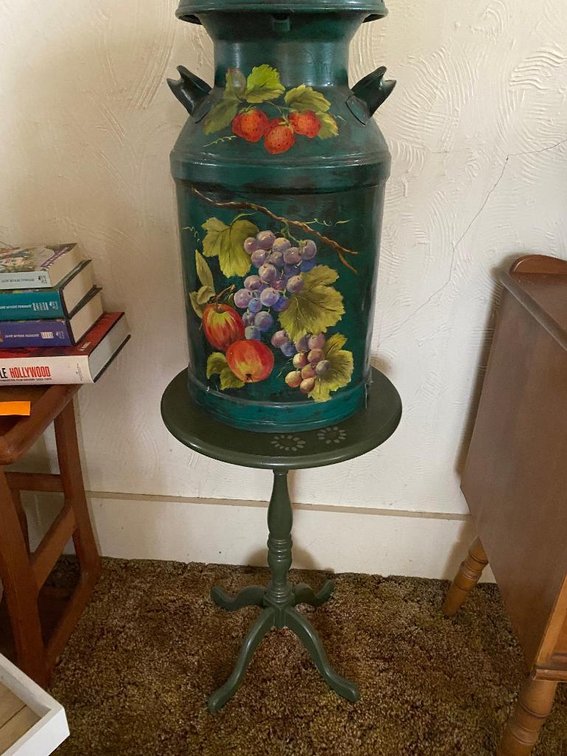 Tole painted milk can and wood table hand painted by Belle Heft