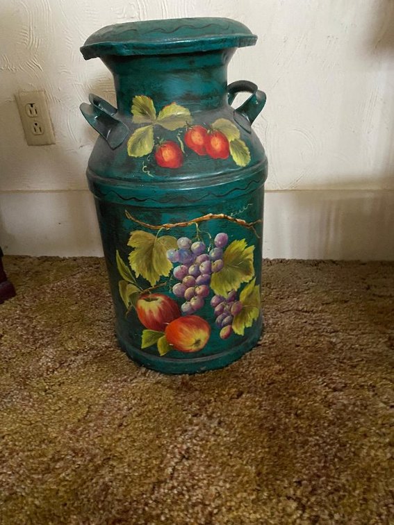 Tole painted milk can w/ grapes and apples hand painted by Belle Heft