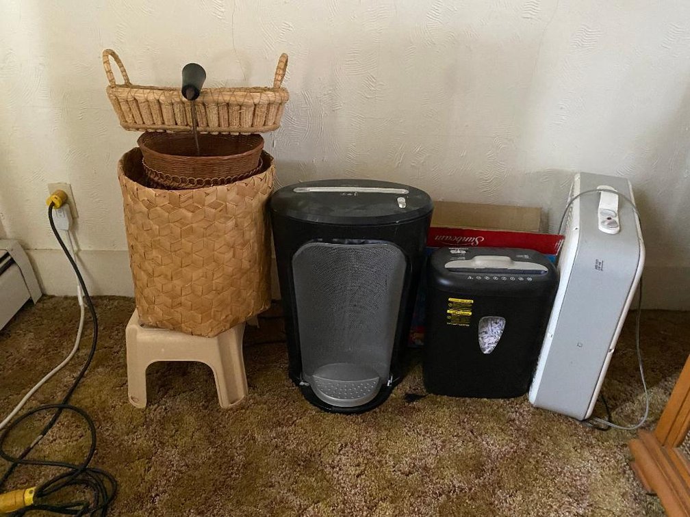 Lot of 2 paper shredders, fan, some baskets, etc.