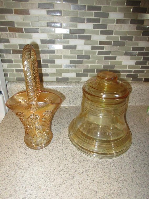 Carnival pressed glass basket and Liberty Bell lidded jar