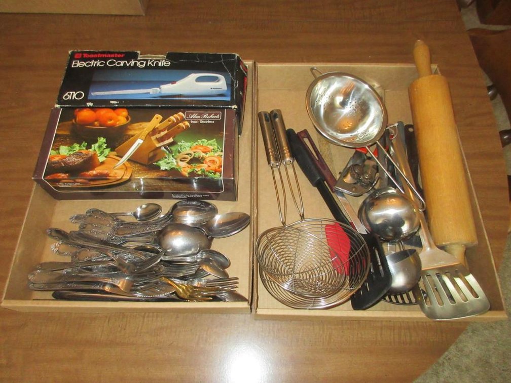 Flatware, knives and knife block, electric carving knife, other kitchen utensils