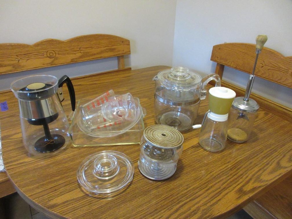 Stove top percolator, coffee carafe, Pyrex bakeware