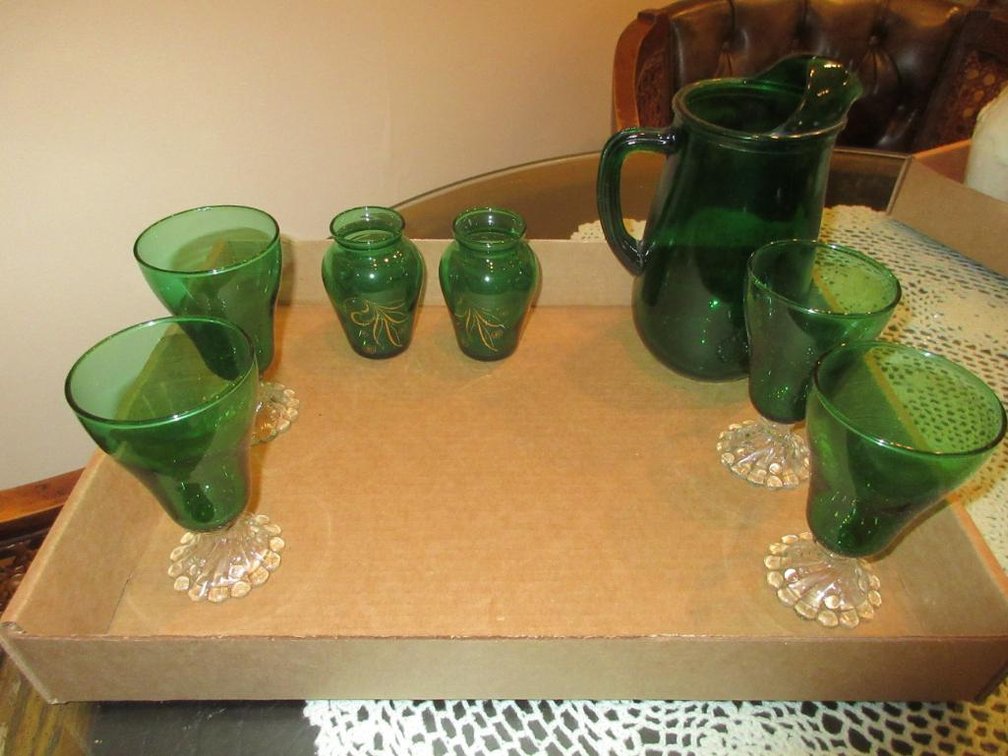 Glass pitcher and stemmed glasses