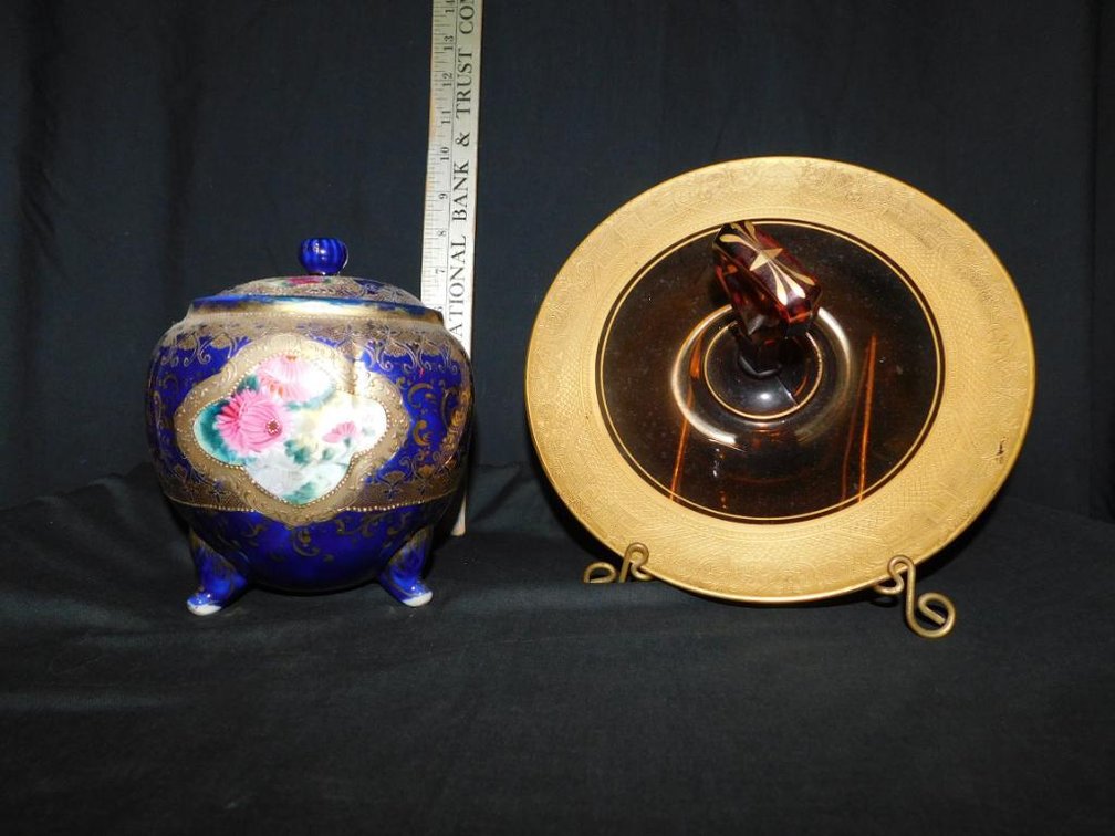 Gold-trimmed cookie tray and footed covered jar