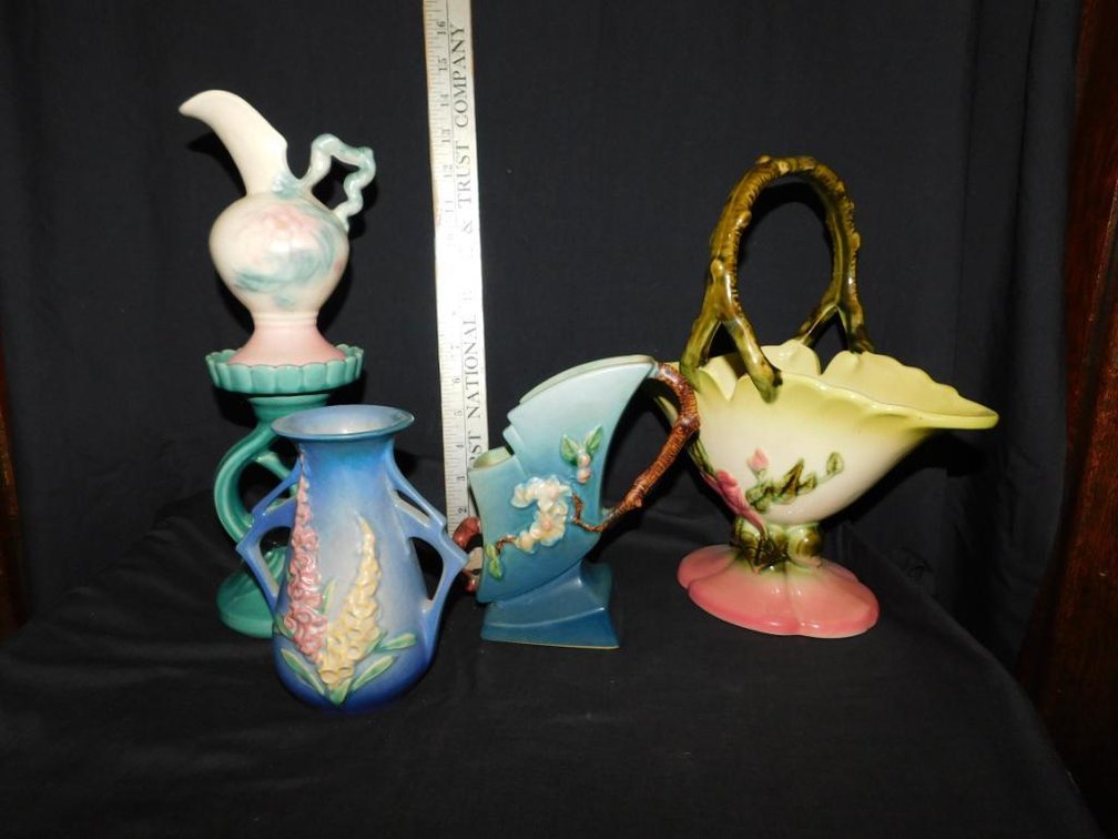Roseville and other pieces - fracture in large basket handle